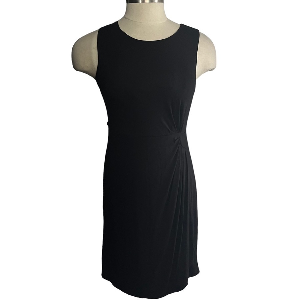 Garnet Hill Black Stretch Faux Wrap Sleeveless Midi Dress Sz 12 Ruched At Waist